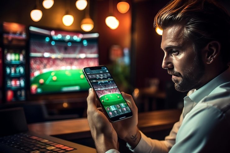 Pengguna membaca syarat bonus di ponsel